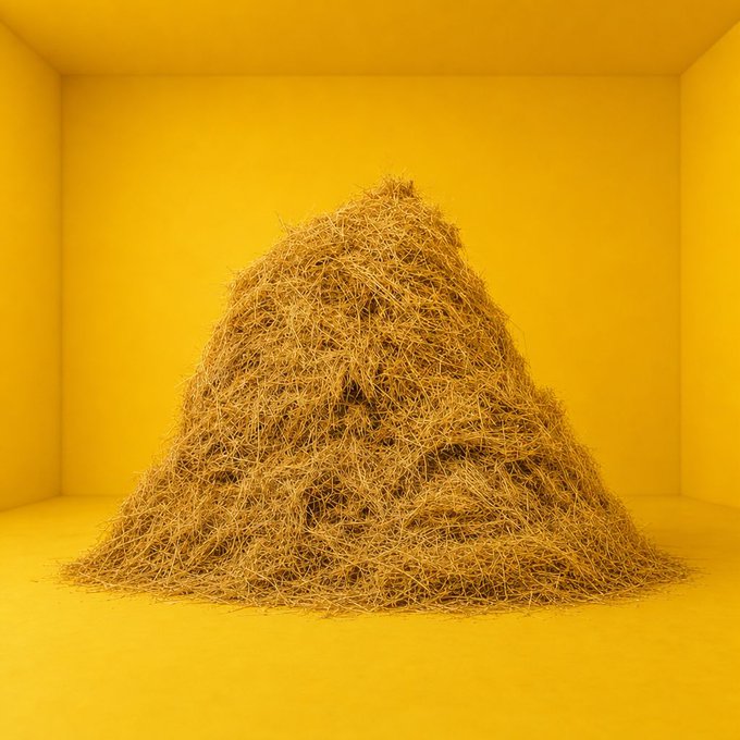 The image features a large pile of hay, which appears to be made up of dried grass or straw. The hay is stacked high, creating an impressive mound that takes up most of the frame. The background of the image is yellow, providing a striking contrast to the hay and making it stand out even more. The post in question seems to be promoting a new product, as indicated by the text "币安6月要放大招了", which translates to "New Product Reveal on June".