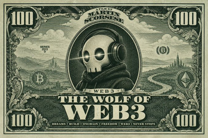 A stylized green currency-like graphic titled "THE WOLF OF WEB3" featuring a hooded skull with headphones, alongside Bitcoin and Ethereum logos and the text "DREAMS, BUILD, ONCHAIN, FREEDOM, WEB3, NEVER STOPS".