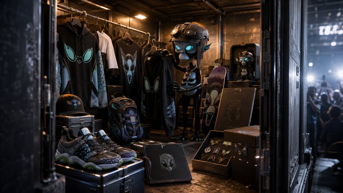 An atmospheric merchandise display featuring hoodies with a teal alien/creature design, skull-themed backpacks, sneakers, and an alien figure with glowing blue eyes.