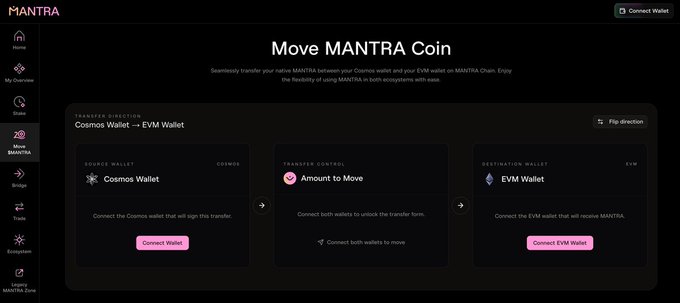 The image shows MANTRA's "Move MANTRA Coin" transfer interface, allowing users to seamlessly transfer native MANTRA tokens between their Cosmos wallet and EVM wallet via MANTRA Chain. The three-step process includes connecting a Cosmos Wallet as the source, entering the transfer amount, and connecting an EVM Wallet as the destination.

This relates to the Turkish post highlighting MANTRA's all-in-one platform features—staking, swapping, bridging, and token transfers—now accessible through the newly launched MANTRA Zone at mantra.zone.