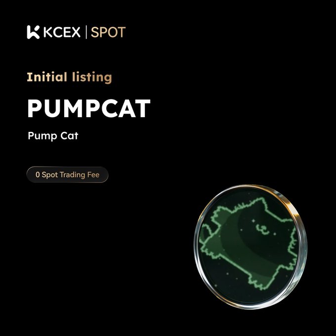 A dark-themed cryptocurrency exchange announcement from KCEX | SPOT announcing the 'Initial listing' of 'PUMPCAT' (Pump Cat) with '0 Spot Trading Fee', featuring a pixelated cat coin graphic.