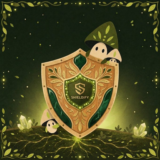 An illustrated digital artwork featuring a wooden shield with the "SHIELDFY" logo at its center, surrounded by forest-themed elements including mushrooms with faces, leaves, and glowing crystals labeled "FIRE" and "LOVE."