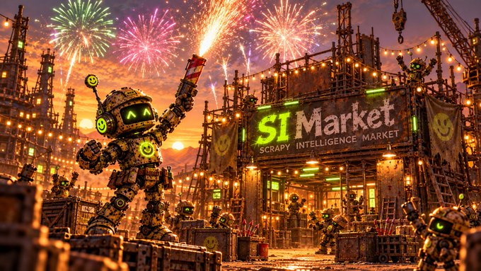 A vibrant digital artwork depicts a robot standing in front of an illuminated 'SI Market (Scrapy Intelligence Market)' building, with fireworks exploding in the sunset sky.