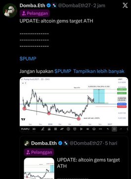 The image shows a tweet from @DombaEth dated 2 hours ago titled "UPDATE: altcoin gems target ATH," featuring a $PUMP/USDT trading chart with technical analysis, alongside a retweeted post from the same user dated 5 hours ago also titled "UPDATE: altcoin gems target ATH," indicating a follow-up call on the same altcoin. The image directly illustrates the trading results mentioned in the caption, showcasing the +50% profit and +300% pump on $PUMP highlighted in the chart analysis.