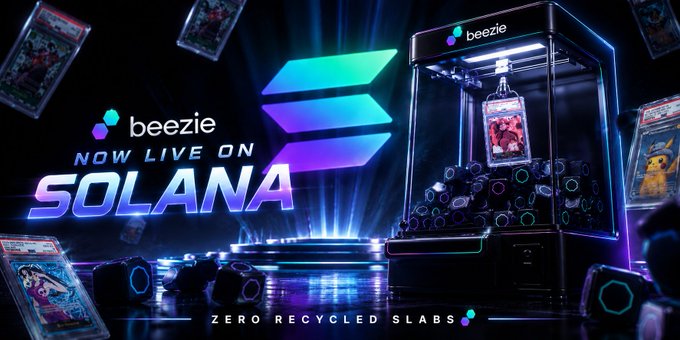 A promotional banner for Beezie announces "NOW LIVE ON SOLANA" with the tagline "ZERO RECYCLED SLABS," featuring a glowing Solana claw machine filled with graded trading cards on a vibrant purple and blue stage. The image visually reinforces the post's message by depicting the Solana-branded machine packed with prized Pokémon cards, emphasizing that every pull permanently removes items rather than recycling them.