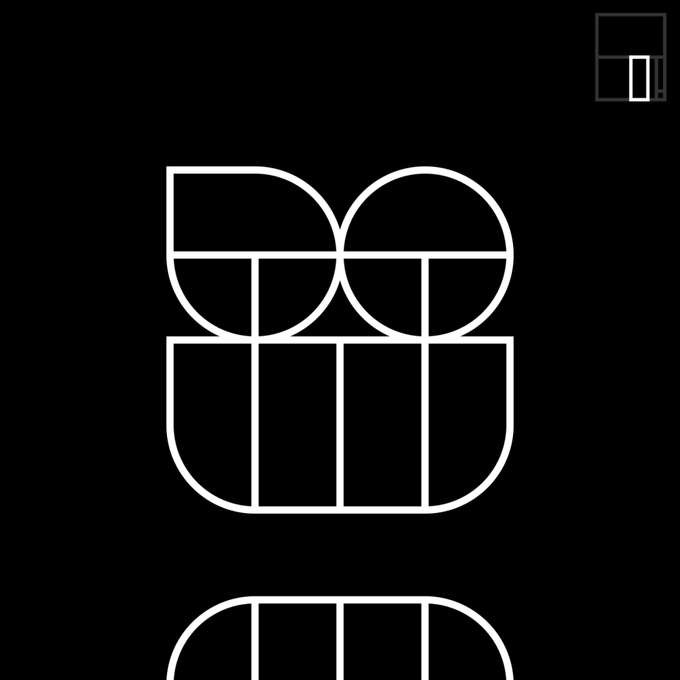 A minimalist black design with white geometric line-art typography and a small rectangular icon in the upper right corner.