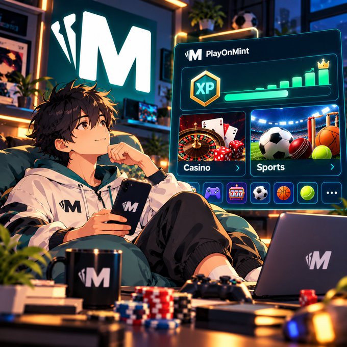 An anime-style illustration depicts a young man relaxing with a smartphone in a gaming setup featuring 'M' and 'PlayOnMint' branding, with floating interfaces showing 'Casino' and 'Sports' game categories.