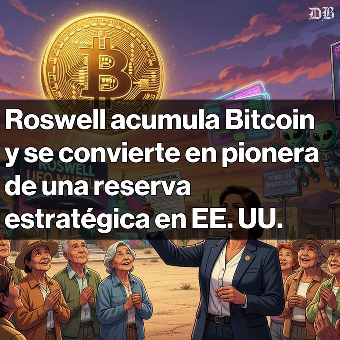 The image features an illustration of a woman standing next to a large Bitcoin logo, along with text that reads "Roswell acumula Bitcoin y se convierte en la primera ciudad de EE. UU." The text seems to be in Spanish or Italian and it suggests that Roswell is the center of attention for this particular Bitcoin project, which could possibly be related to an emergency situation involving Bitcoins. The woman appears to be giving a speech about this topic.
