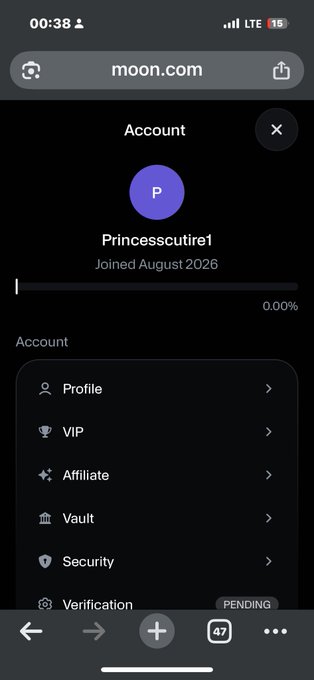 Screenshot of an account page on moon.com showing user 'Princesscutire1' who joined August 2026, with 0.00% progress and menu options for Profile, VIP, Affiliate, Vault, Security, and Verification (Pending).