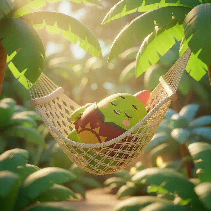 Adorable 3D-rendered scene of a green cat-like character napping peacefully in a woven hammock surrounded by lush tropical leaves in warm sunlight.