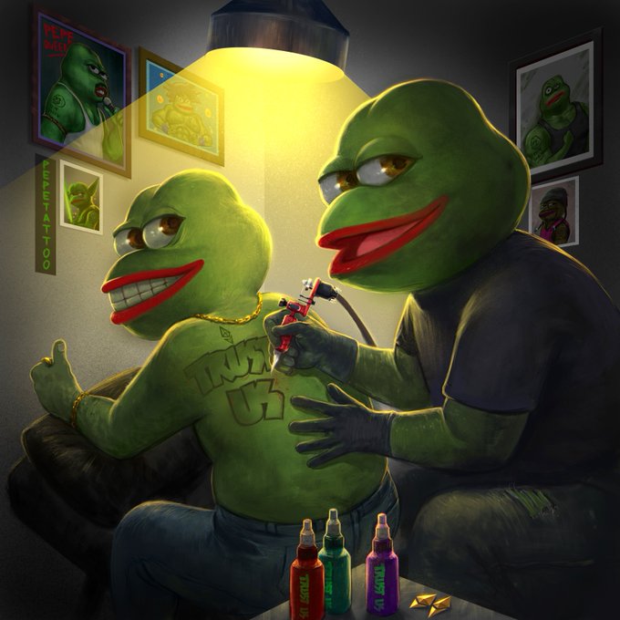 Two Pepe the Frog characters are depicted in a tattoo parlor, with one giving the other a "TRUST US" back tattoo using a tattoo gun, accompanied by bottles labeled "SOULZ." The image promotes the upcoming TrustUsNFT mint, showing the project's signature frog mascot getting tattooed with the collection's branding.