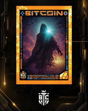 A Bitcoin-themed poster or card titled 'BITCOINQ' with 'NATION'S DISAPPEARANCE' text, depicting a hooded figure with a glowing Bitcoin logo for a face, branded with 'BTC' logos.