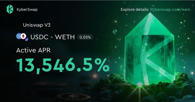 The image features a green crystal that appears to be a diamond shape, with a starburst pattern around its center. The crystal is surrounded by rocks of various sizes, creating an interesting contrast between the natural elements and the man-made crystal. The background of the image is black, which makes the colors of the crystal stand out even more. In the bottom right corner of the image, there's text that reads "Explore details: KyberSwap @KyberNetwork".