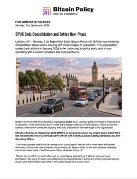 A Bitcoin Policy UK press release dated Monday, 21st September 2020 announces that $BPUK is consolidating its phase and entering the next stage of operations, with Russell Evans resuming his CEO role and Dr. Cristina Llamas-Rey returning as COO. The image features a London street scene with a red double-decker bus and Westminster in the background, visually tying the UK-based crypto policy organization to its London headquarters as outlined in the accompanying post.