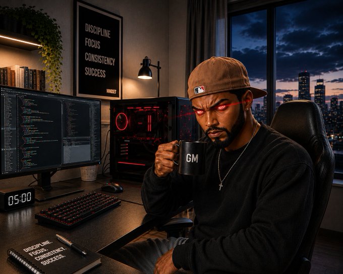 An AI-generated image of a man with glowing red eyes wearing an MLB cap, sitting at a gaming setup drinking from a "GM" mug, with motivational text on the wall and notebook reading "DISCIPLINE FOCUS CONSISTENCY SUCCESS" and a clock showing "05:00".