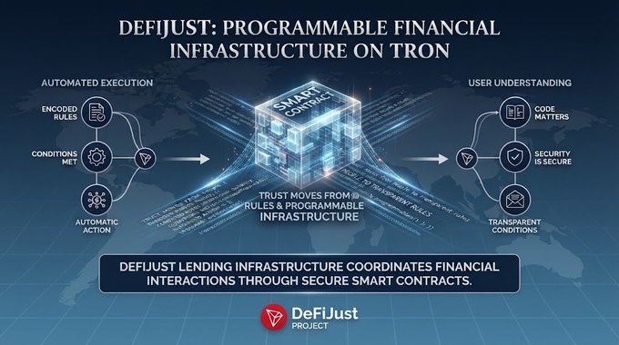 The image is an infographic titled "DEFIJUST: PROGRAMMABLE FINANCIAL INFRASTRUCTURE ON TRON," illustrating how smart contracts automate financial transactions through encoded rules, conditions, and execution on the Tron blockchain, with the DeFiJust Project logo at the bottom. It visually supports the post's explanation of how smart contracts shift financial agreements from human enforcement to automated software execution when predefined conditions are met.