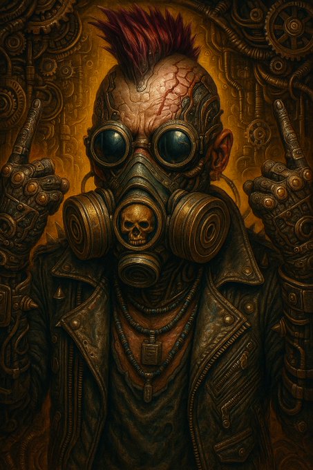 A dark steampunk-style illustration of a figure with a red mohawk wearing a gas mask adorned with a skull emblem, set against a backdrop of intricate mechanical gears.
