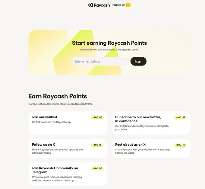 A webpage for Raycash showing a 'Start earning Raycash Points' signup interface with instructions to earn points by joining waitlists, subscribing to newsletters, and following on social media for +100 RP each.