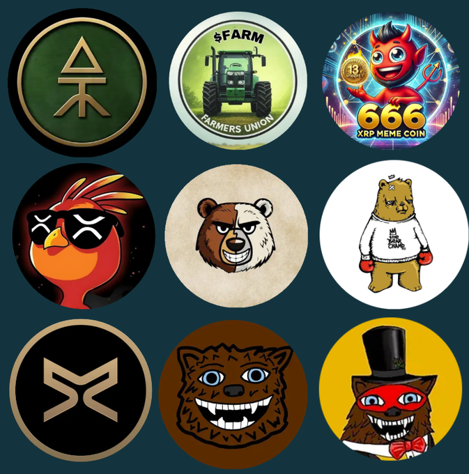 A 3x3 grid of circular meme coin logos displayed alongside tickers like $ATM, $FARM, $666, $PHNIX, $TEDDY, $BCHAMP, $ARMY, $FUZZY, and $BEAR, promoting XRP community sentiment and bullishness on various meme tokens.

Key visible text includes: "$FARM", "FARMERS UNION", "13", "666", "XRP MEME COIN", "I AM THE CAMP", and the stylized $XRP triangle logo.