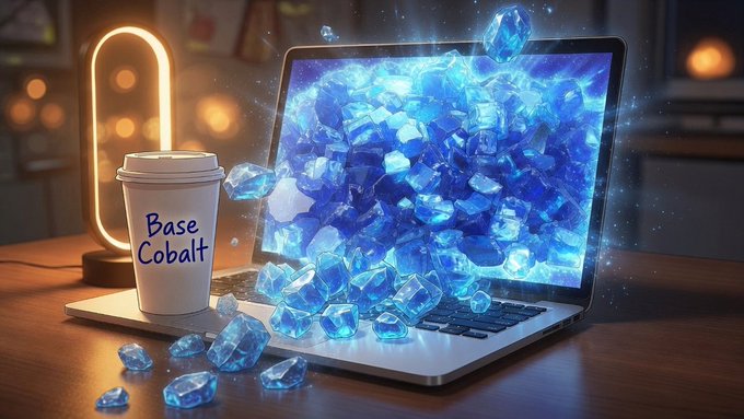 Artistic 3D render of a laptop with glowing blue crystal shards bursting from the screen, accompanied by a white coffee cup labeled 'Base Cobalt' on a wooden desk.
