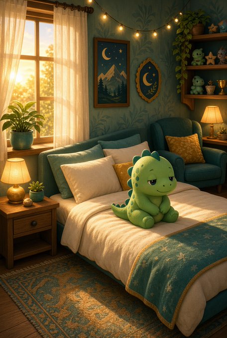 A cozy bedroom illustration featuring a green dinosaur plush toy sitting on a bed with blue and gold accents, illuminated by warm lamp light and string lights, with nature-themed artwork on the walls.