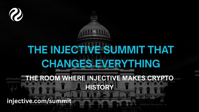 The image features a large white building with a dome, which appears to be the U.S. Capitol building. The caption of the image reads "The injective summit that changes everything", indicating that there's an event happening at the Capitol building in Washington DC. The image also includes text about the @injective Summit and its importance for crypto history.