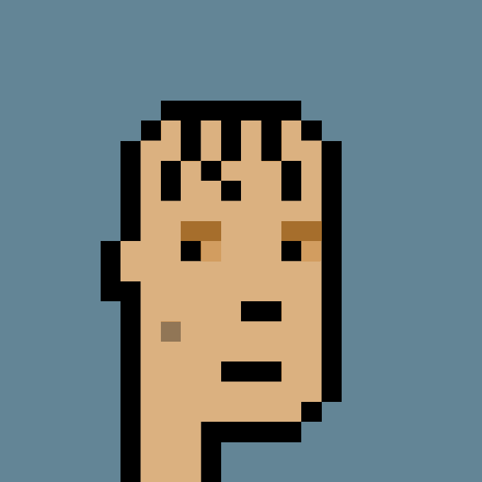 Pixel art portrait of a face with an elongated chin, brown eyes, and sparse dark hair against a blue background.