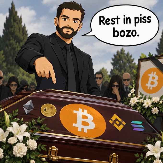An anime-style illustration shows a bearded man in a black suit pointing at a coffin decorated with Bitcoin, Ethereum, Dogecoin, and other crypto logos, with a speech bubble reading 'Rest in piss bozo.'