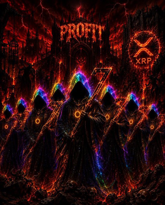 A dark fantasy digital artwork showing hooded figures holding glowing rainbow-tinted scythes, with 'PROFIT' text at the top and an 'XRP' logo on the right against a fiery red backdrop.