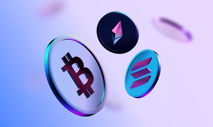 The image features three coins floating in a blue sky with purple and pink hues. One of the coins has a Bitcoin symbol on it, while the other two have an Ethereum symbol. The text "Bitcoin hits $64,000. Ethereum hits $1,700." is written below the coins, indicating their respective values. The image also includes a caption that reads "The crypto market is BOUNCING!"