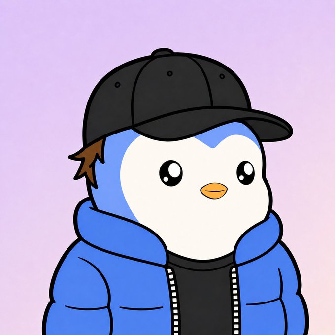 A cartoon penguin wearing a black baseball cap and a blue puffer jacket smiles against a soft purple gradient background, embodying the cheerful, casual "gm frens" vibe of wishing followers a happy new week.