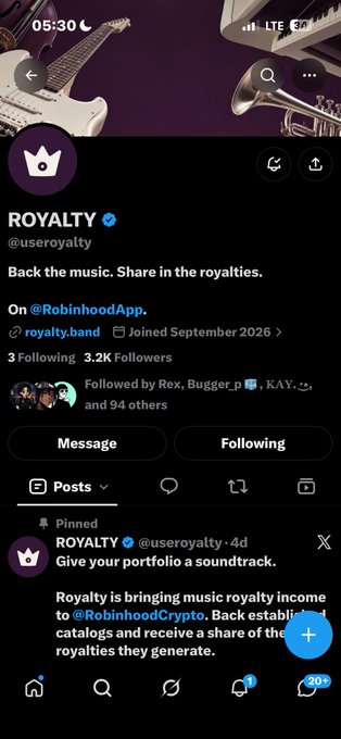 A Twitter/X profile for 'ROYALTY' (@useroyalty) with 3.2K followers promotes bringing music royalty income to @RobinhoodCrypto, featuring a background image of guitars and a trumpet.