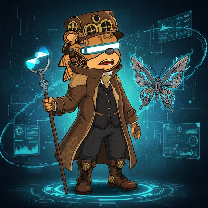 A digital artwork of a steampunk-style anthropomorphic character with goggles, a top hat, and a long coat holding a staff, standing beside a glowing mechanical butterfly with holographic data displays around them.