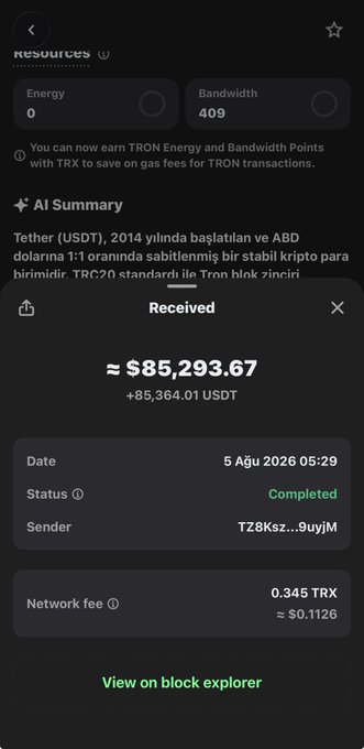 A mobile crypto wallet screenshot showing a completed USDT (TRC20) transaction for approximately $85,293.67 received on August 5, 2026, with a network fee of 0.345 TRX.