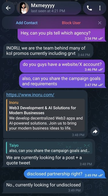 A Telegram chat with "Mxmeyyyy" shows a conversation where an "Inoru" representative offers a Web3 KOL promotion deal involving an undisclosed partnership, which appears to be one of the fraudulent outreach messages warning influencers about fake representatives promoting the Cashed token.