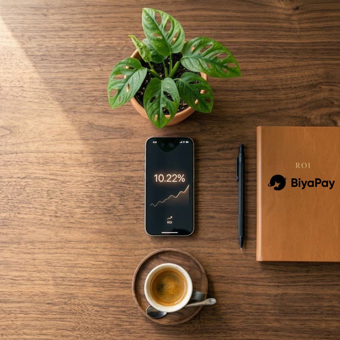 A flat lay of a desk showing a smartphone displaying "10.22%" with an upward graph, a potted plant, an espresso cup, a pen, and a brown notebook labeled "ROI BiyaPay".