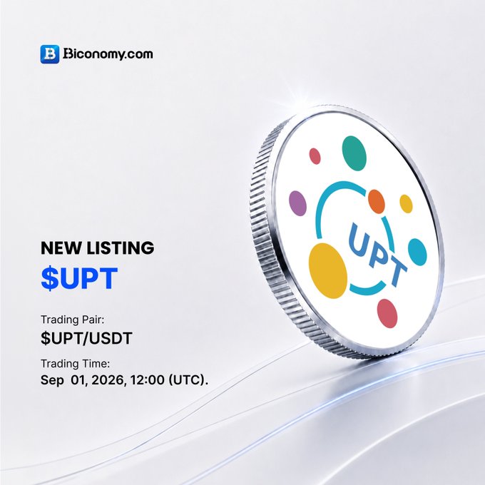 A Biconomy.com promotional graphic announcing the new listing of $UPT token with a colorful coin design, displaying the $UPT/USDT trading pair launching on September 1, 2026, at 12:00 UTC.