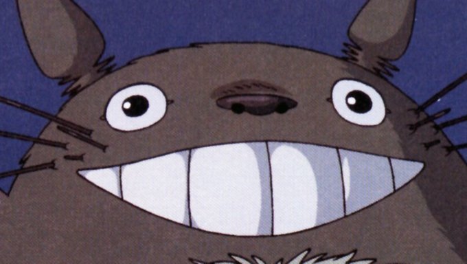 A close-up of Totoro's grinning face from Studio Ghibli's *My Neighbor Totoro*, his wide toothy smile perfectly capturing the excited, enthusiastic energy of the caption about waking up eager to build on Solana.
