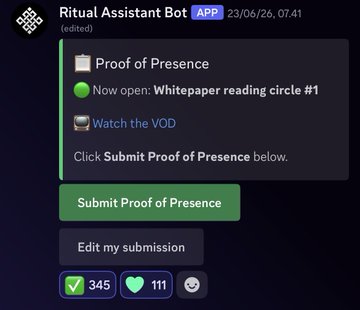 A Discord bot message from 'Ritual Assistant Bot' displaying a 'Proof of Presence' submission prompt for a 'Whitepaper reading circle #1', with 345 checkmarks and 111 hearts.