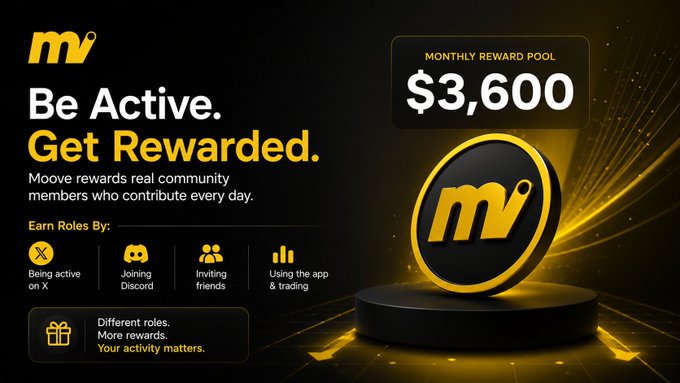The post shows an advertisement for Moove rewards, featuring a gold coin that represents a reward pool for the active community members. The post suggests ways to earn $3,600 from being active, such as joining groups or actively participating on Discord. The main focus of this advertisement is encouraging members to be active and engage in discussions related to Moove Rewards.