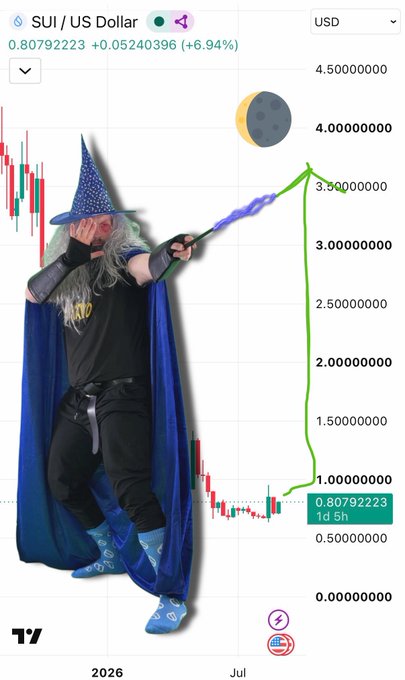 A meme showing a wizard character overlaid on a SUI/USD price chart showing a dramatic projected spike to 4.00000000, with current price at 0.80792223 (+6.94%).