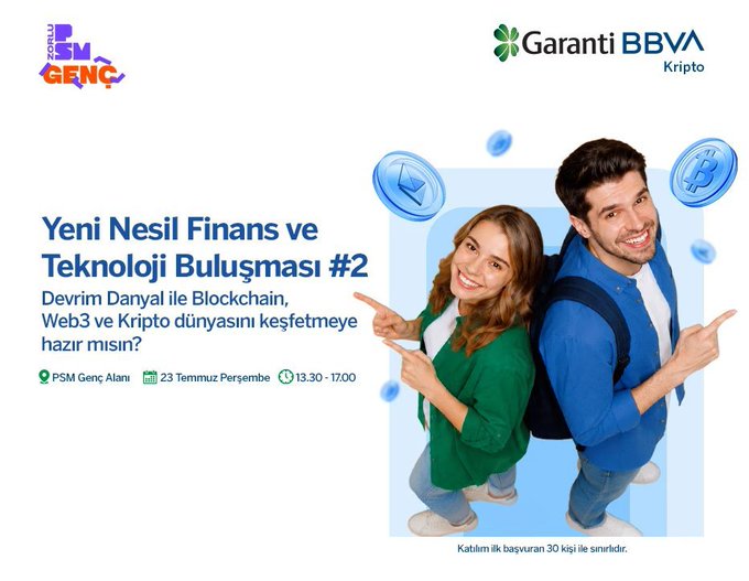 The image is a promotional poster for "Yeni Nesil Finans ve Teknoloji Buluşması #2" hosted by Garanti BBVA Kripto and Zorlu PSM, featuring two smiling young people pointing at Bitcoin and Ethereum coin graphics, advertising an in-person training on blockchain, Web3, and crypto on Thursday, July 23 at 13:30.