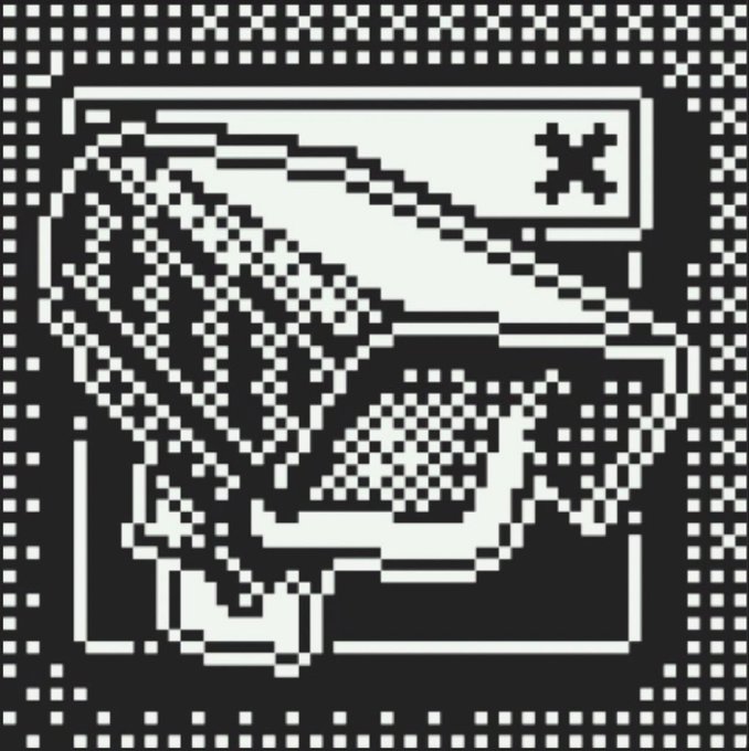 A black and white pixel art image showing what appears to be a stylized character or face composed of dots, with a small 'X' mark in the upper right corner and a checkered border pattern.