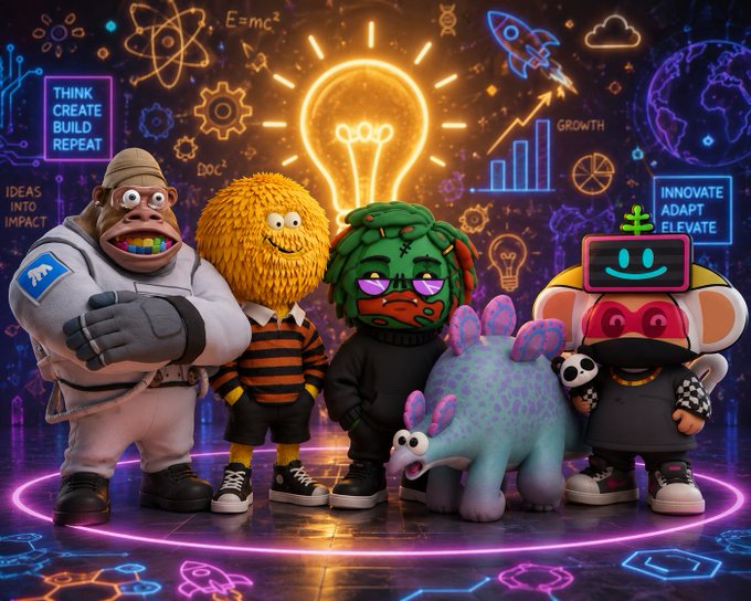 A colorful digital artwork featuring a group of cartoon mascots including a gorilla, fuzzy yellow character, green-faced figure, dinosaur, and robot, standing together with neon signs reading 'THINK CREATE BUILD REPEAT' and 'INNOVATE ADAPT ELEVATE' against a space-themed background.