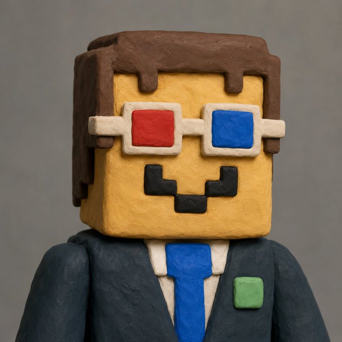 A clay or plasticine figure depicting a blocky character with brown hair, 3D glasses, and a blue tie worn with a suit jacket.