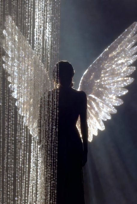 A silhouetted figure stands before large, illuminated angel wings and shimmering beaded curtains.