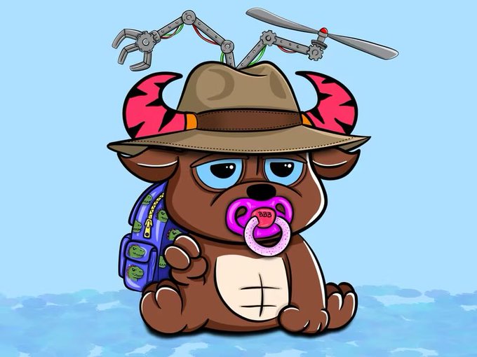 A cartoonish brown creature with a pink pacifier sits wearing a hat and a purple backpack, with a mechanical claw and propeller attached to its head.