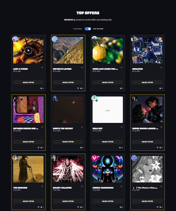 A webpage titled "TOP OFFERS" displays a grid of digital NFT collectibles with titles like "LOST & FOUND", "SYNTHETIS LAYERS", "MIRROR LATE GIVES YOU", "BIRBALYFE25", "BETWEEN DESIRE AND...", "WORTH THE WEIGHT", "SOLD OUT", "WHERE ARROWS LEANED", "THE REMAINER", "SILENT CHAPERS", "COSMIC AWAKENING", and "i... | The Flower's That ...".