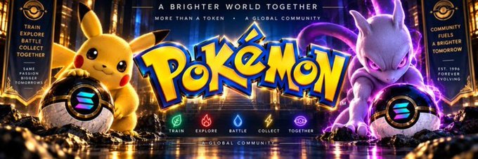 A vibrant promotional banner featuring Pikachu and Mewtwo alongside glowing Solana-branded Poké Balls, with text reading 'Pokémon A Brighter World Together', 'Train, Explore, Battle, Collect Together', and 'More than a Token • A Global Community'.