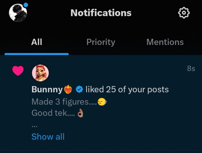 A Twitter/X notifications screen showing a 'Bunnny' account liked 25 of your posts, with captions 'Made 3 figures...' and 'Good tek...'.